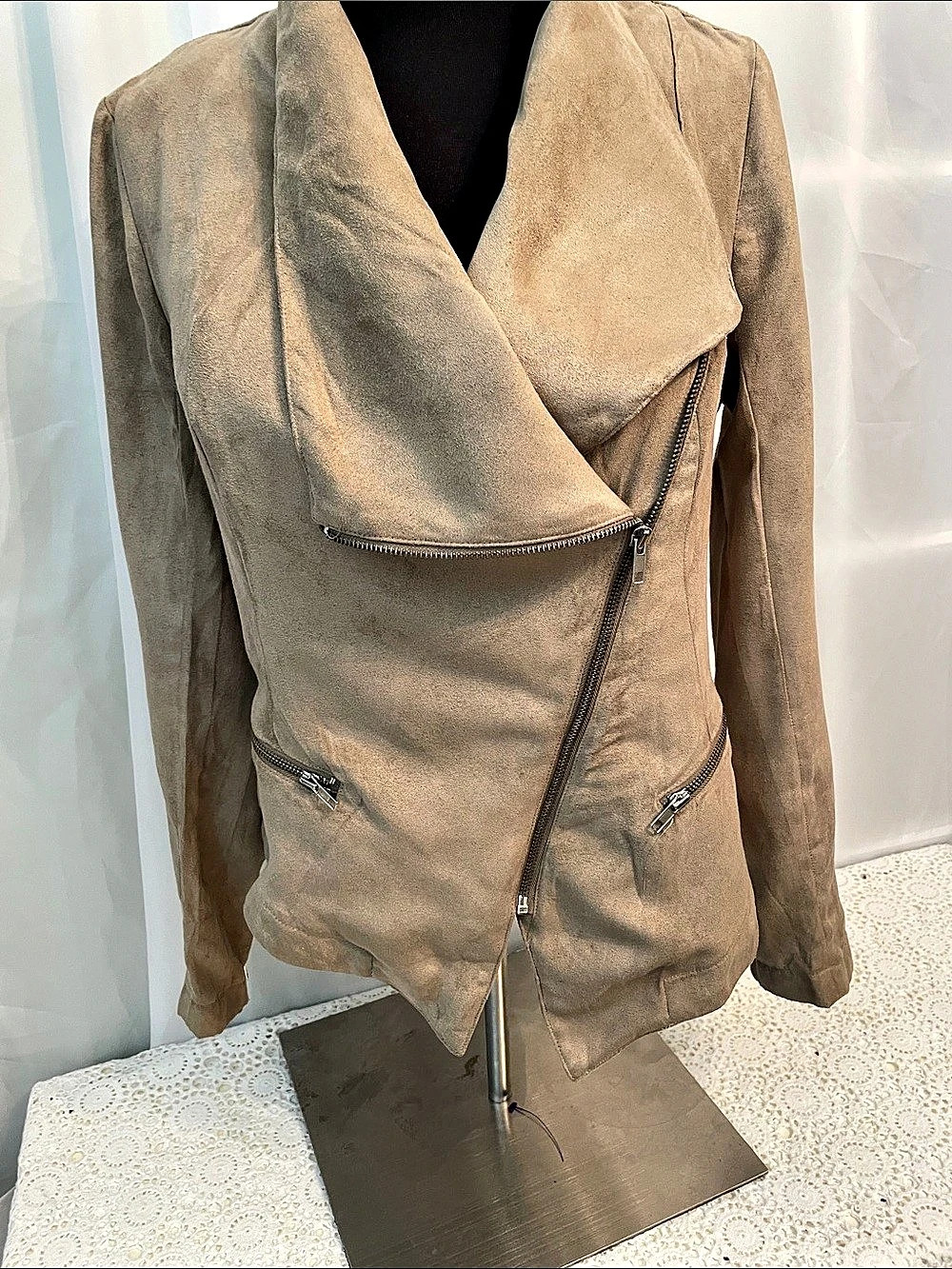 Rampage Faux Suede Moto Jacket Brown Size Medium PTP 19” Length 23”